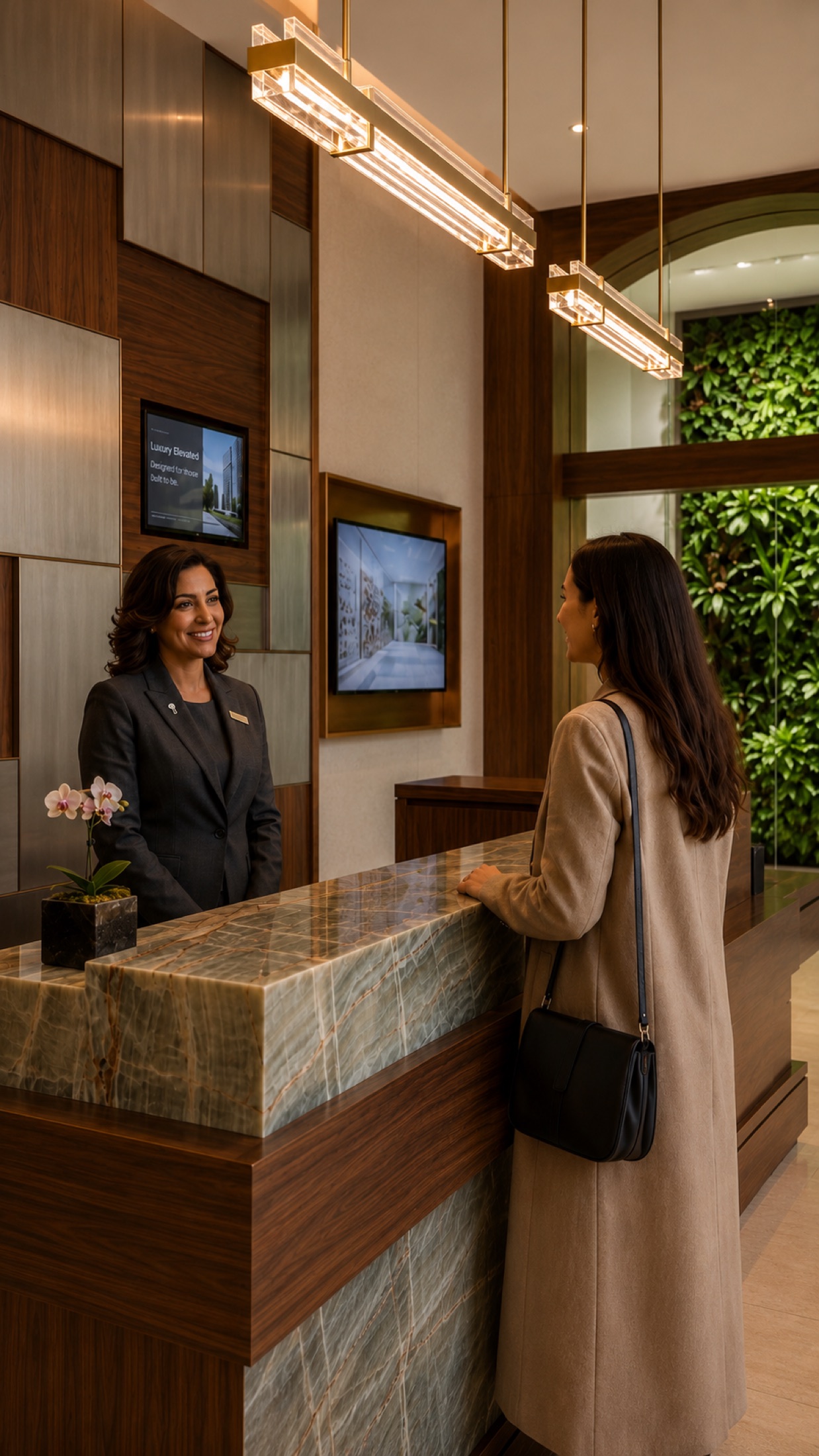 Concierge welcoming a resident at a marble reception desk in a luxury lobby