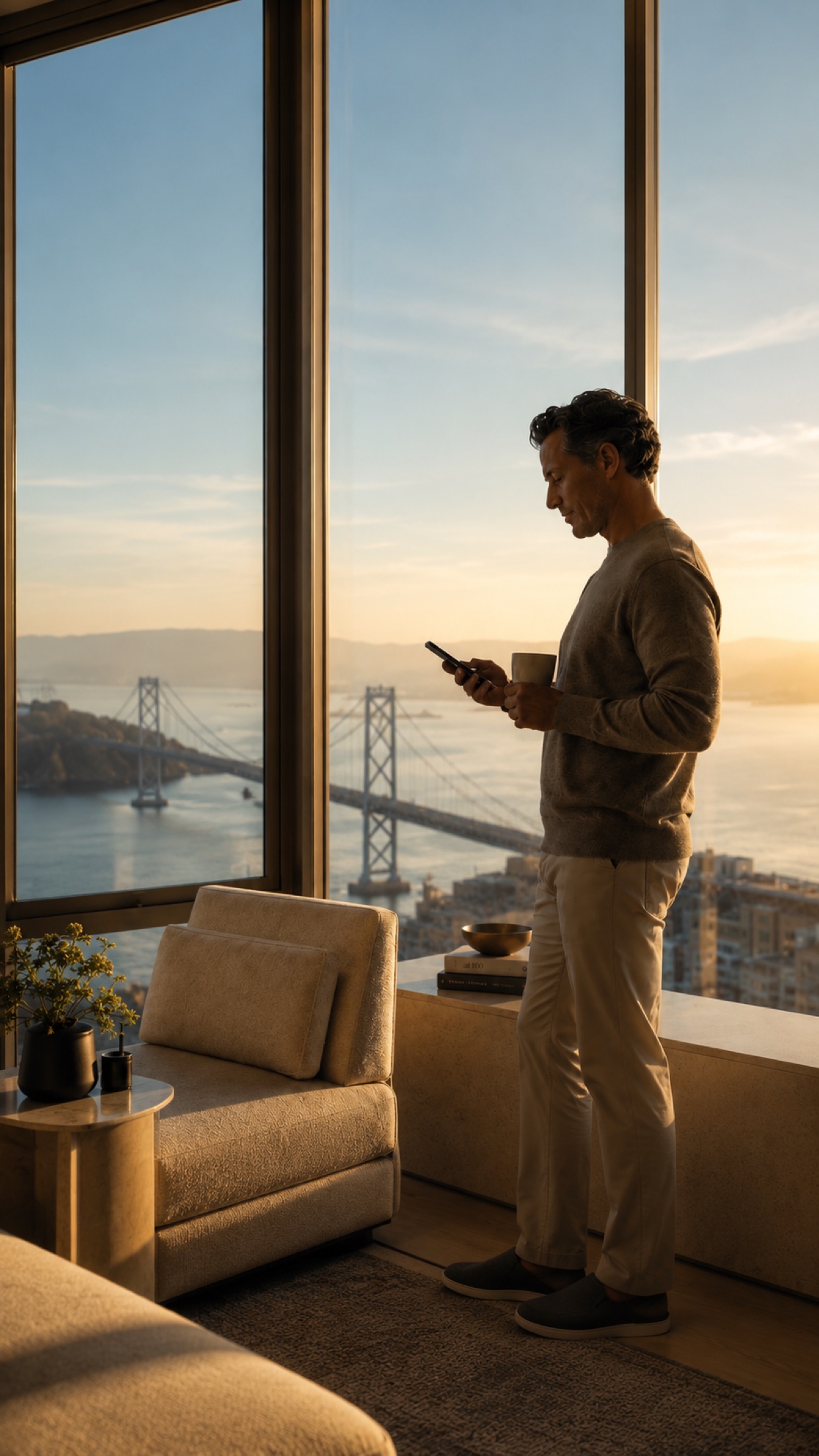 Resident with phone and coffee by floor-to-ceiling windows, Bay Bridge view at golden hour